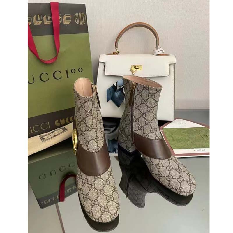 G*u*i blondie women’s ankle boot beige ebony gg supreme canvas low 5 cm heel