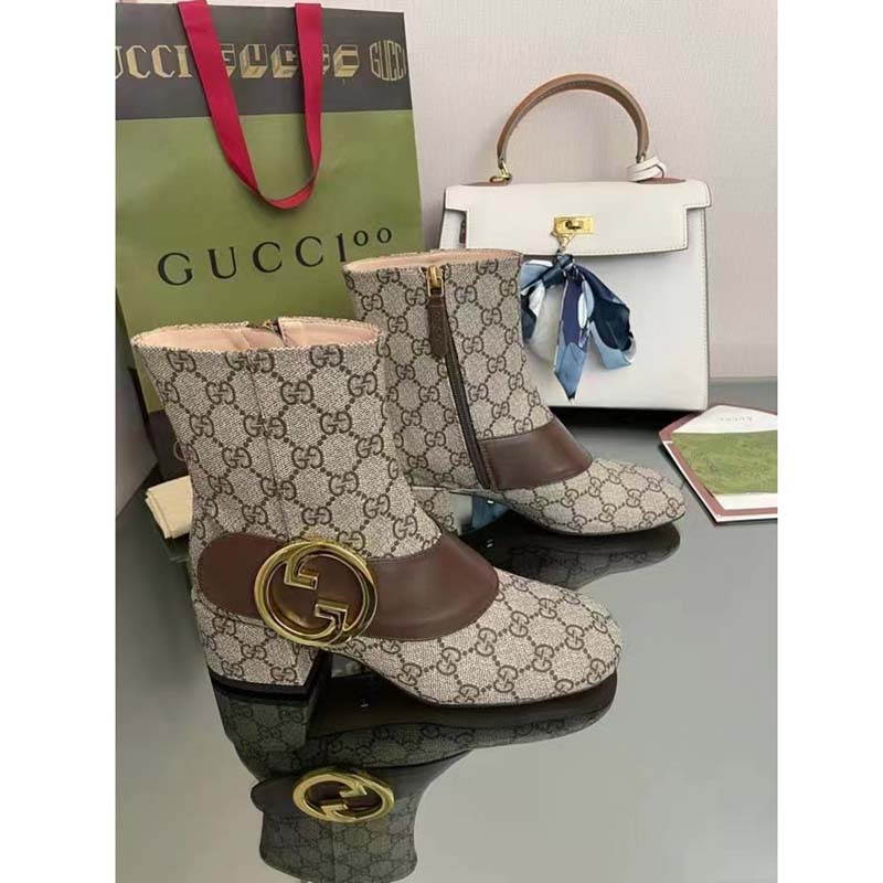 G*u*i blondie women’s ankle boot beige ebony gg supreme canvas low 5 cm heel