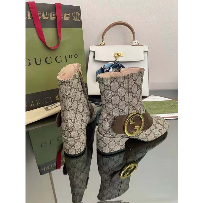 G*u*i blondie women’s ankle boot beige ebony gg supreme canvas low 5 cm heel