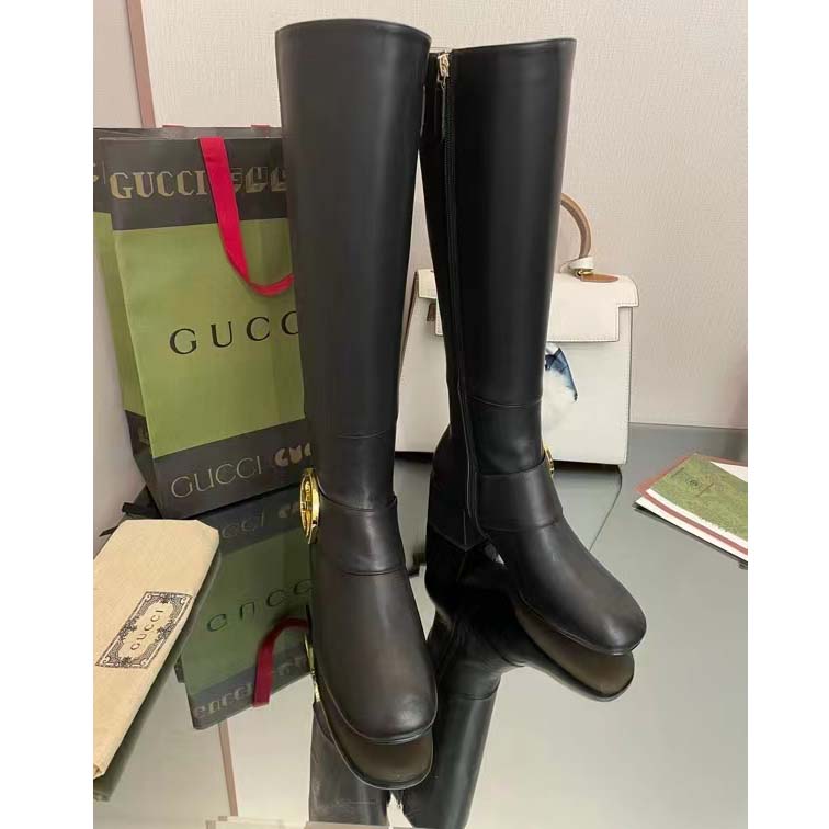 G*u*i blondie women’s blondie boot black leather round interlocking g low 5 cm heel