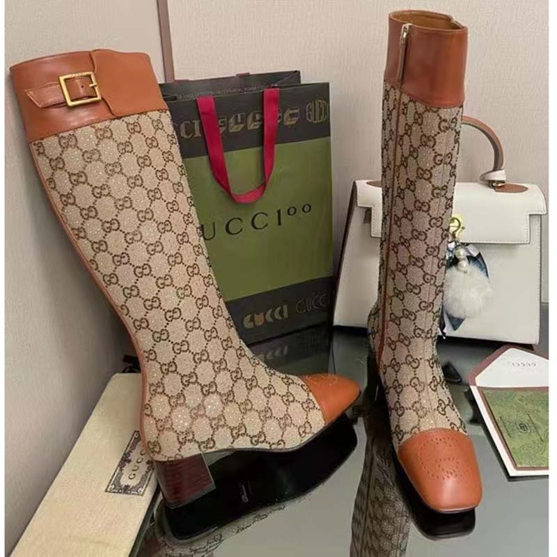 G*u*i blondie women’s boot crystals beige ebony gg canvas low 5 cm heel