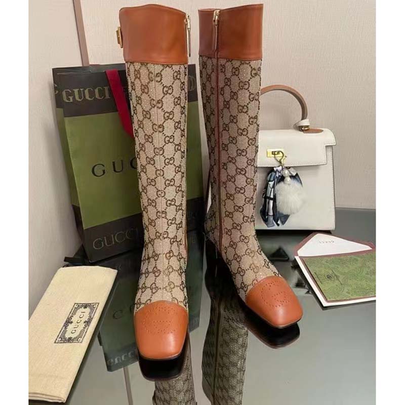 G*u*i blondie women’s boot crystals beige ebony gg canvas low 5 cm heel