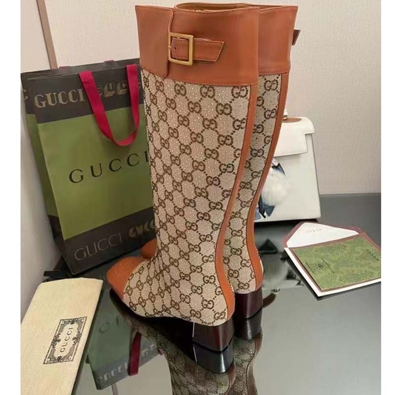 G*u*i blondie women’s boot crystals beige ebony gg canvas low 5 cm heel