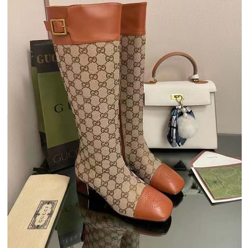 G*u*i blondie women’s boot crystals beige ebony gg canvas low 5 cm heel