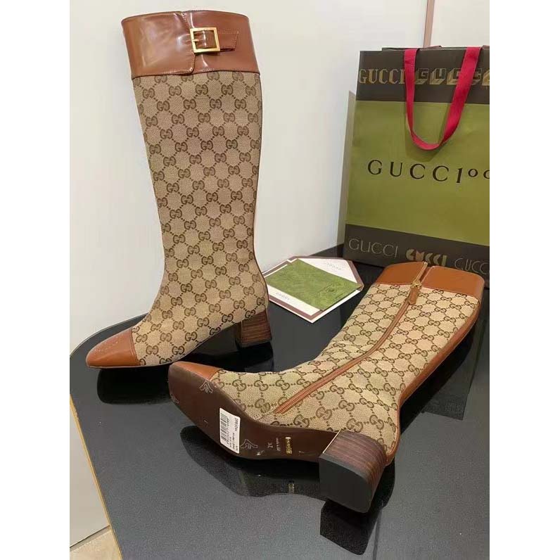 G*u*i blondie women’s gg knee-high boot beige ebony canvas cuir leather low 5 cm heel