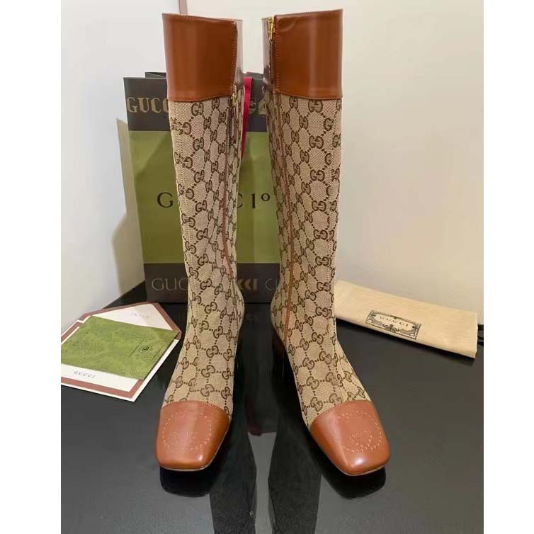 G*u*i blondie women’s gg knee-high boot beige ebony canvas cuir leather low 5 cm heel