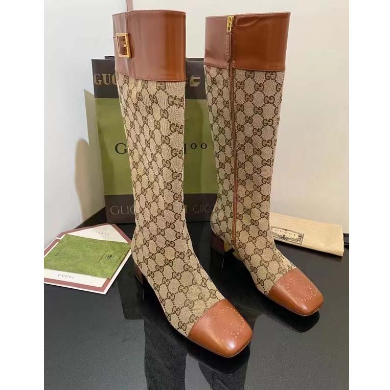G*u*i blondie women’s gg knee-high boot beige ebony canvas cuir leather low 5 cm heel