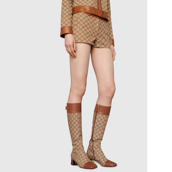 G*u*i blondie women’s gg knee-high boot beige ebony canvas cuir leather low 5 cm heel