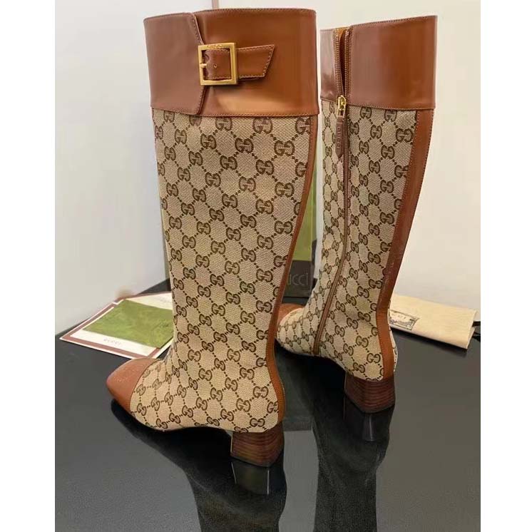 G*u*i blondie women’s gg knee-high boot beige ebony canvas cuir leather low 5 cm heel