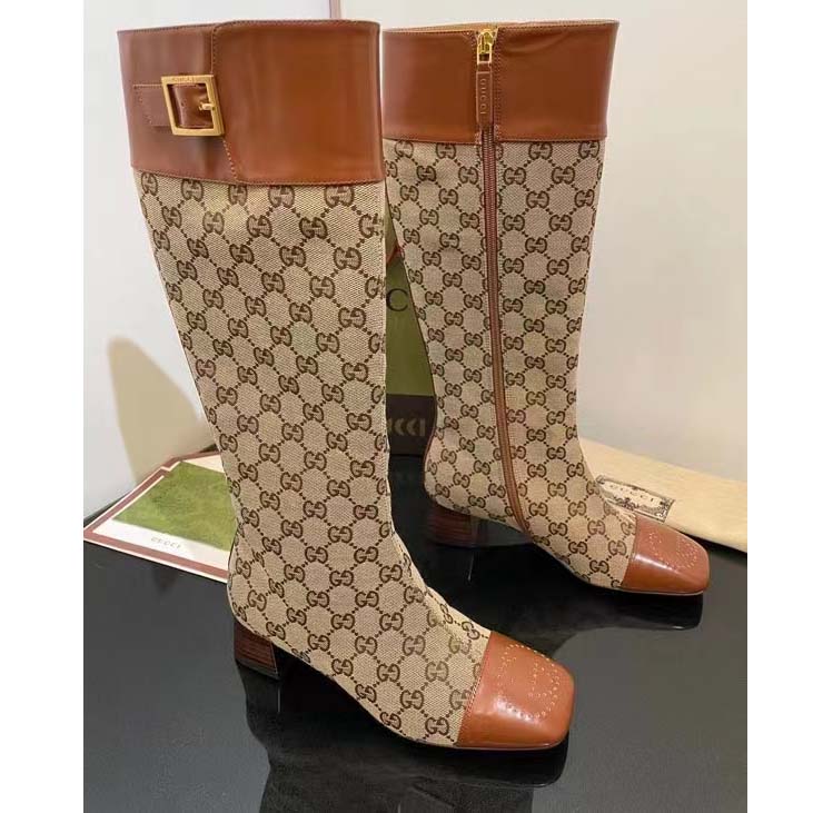 G*u*i blondie women’s gg knee-high boot beige ebony canvas cuir leather low 5 cm heel