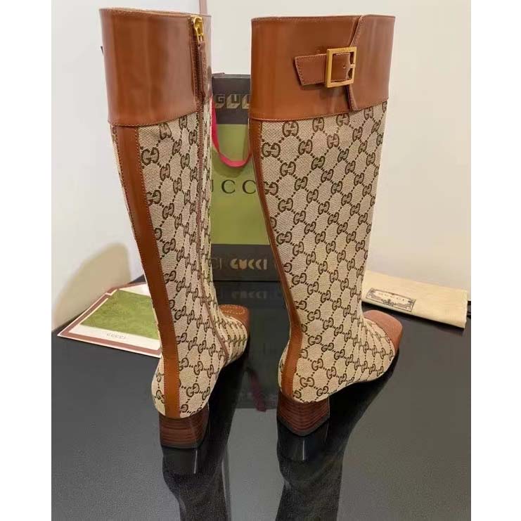 G*u*i blondie women’s gg knee-high boot beige ebony canvas cuir leather low 5 cm heel