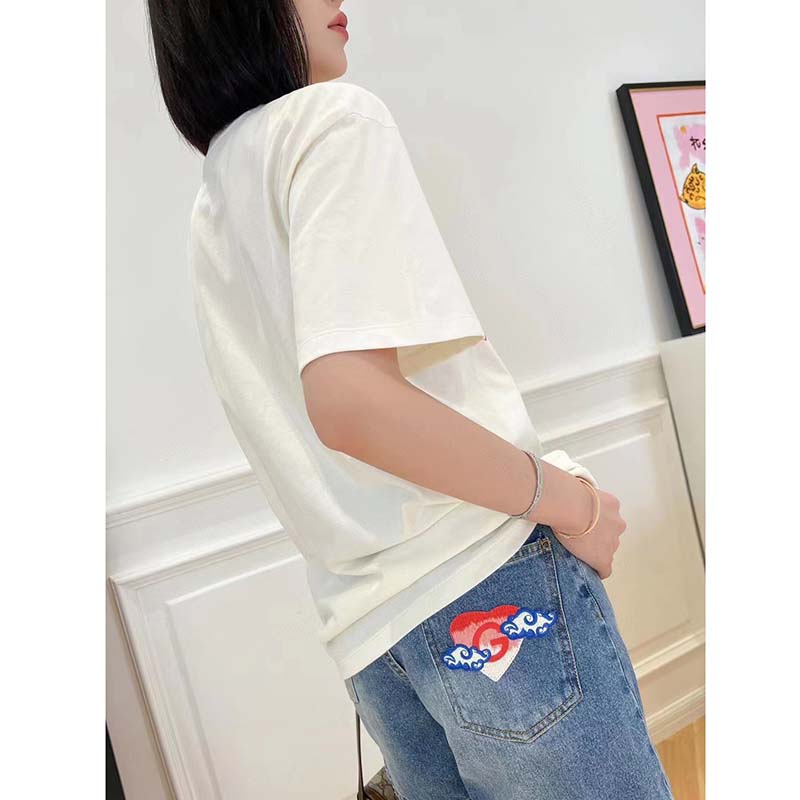 G*u*i gg women vintage logo print t-shirt off white cotton jersey crewneck short sleeves
