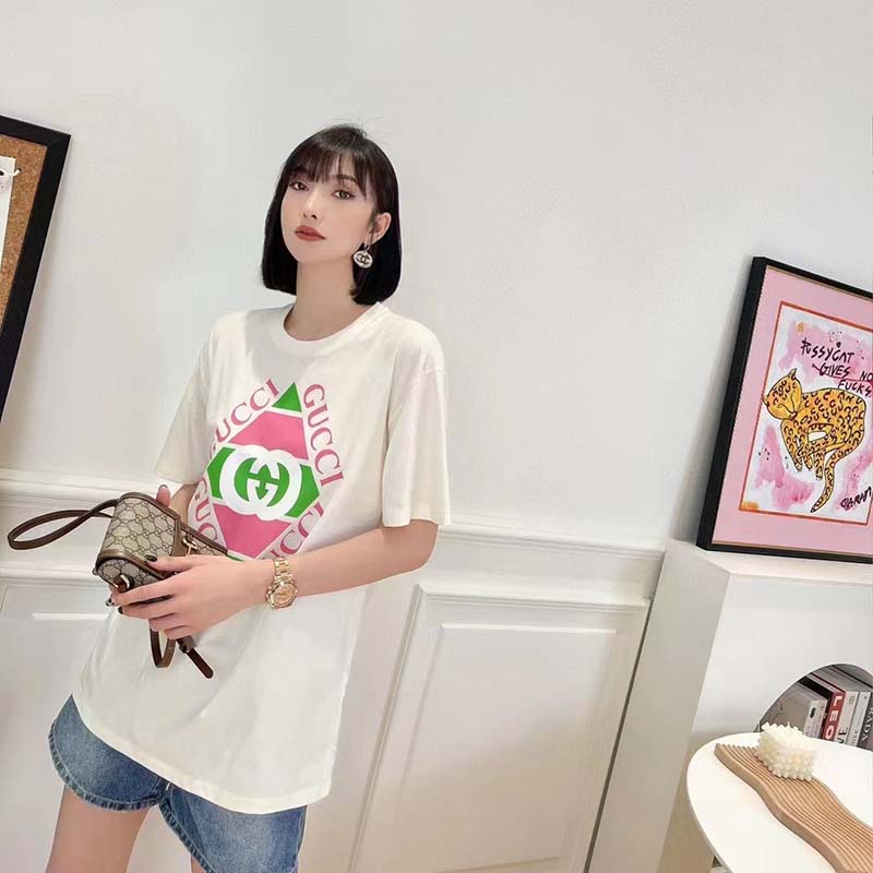 G*u*i gg women vintage logo print t-shirt off white cotton jersey crewneck short sleeves