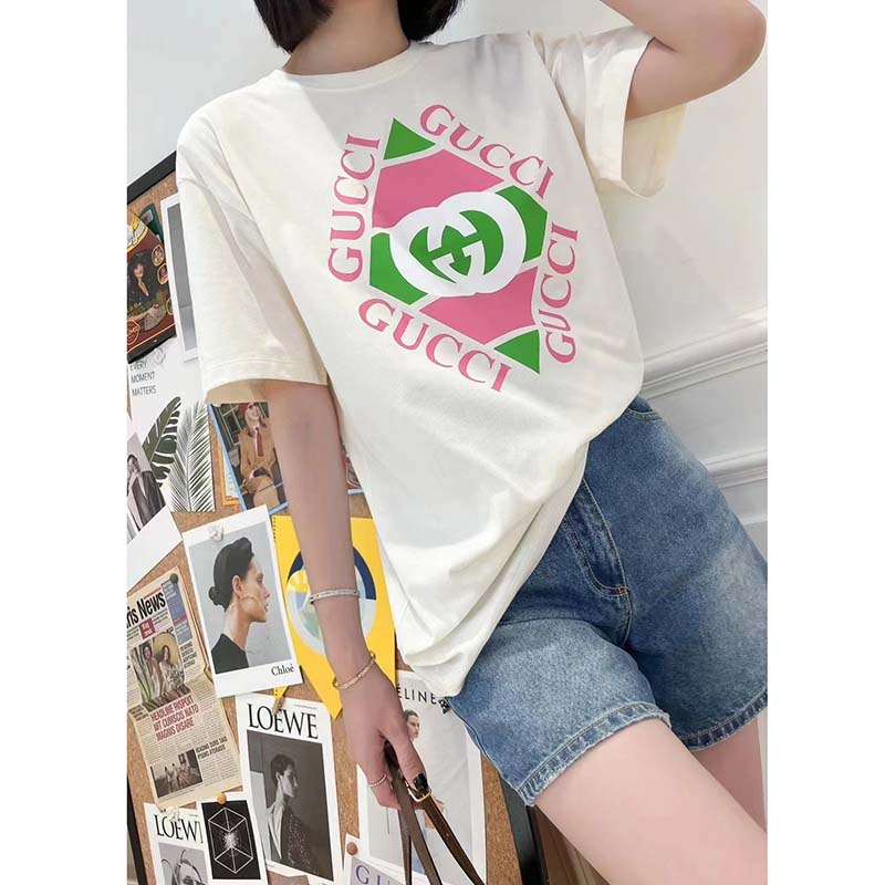 G*u*i gg women vintage logo print t-shirt off white cotton jersey crewneck short sleeves
