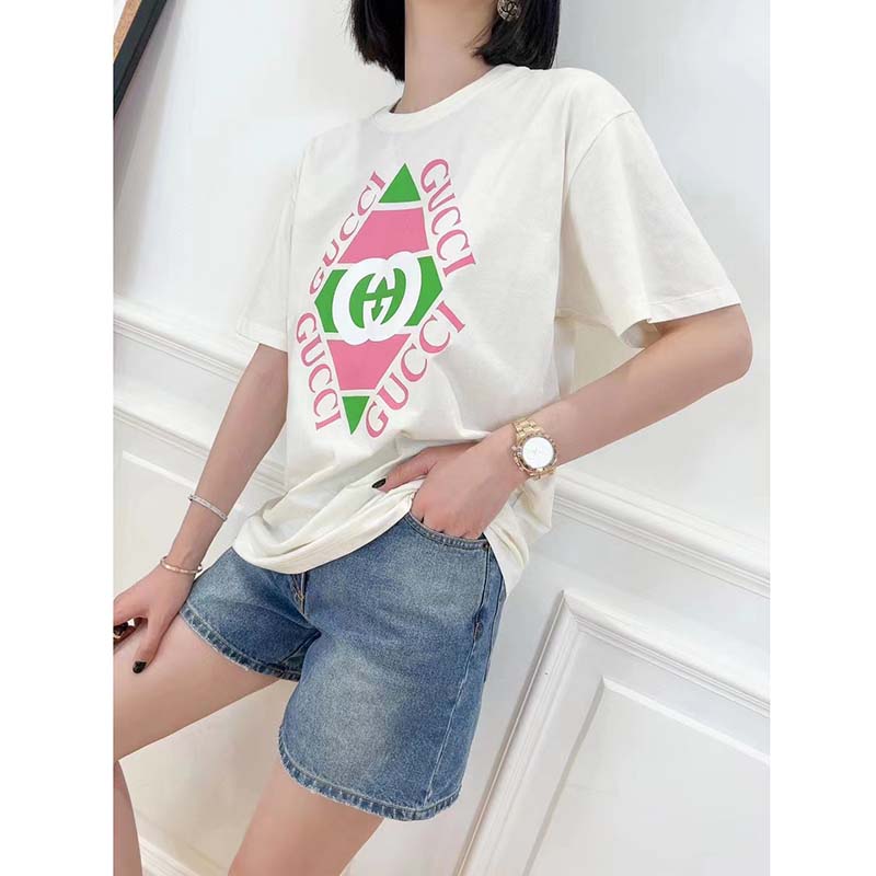 G*u*i gg women vintage logo print t-shirt off white cotton jersey crewneck short sleeves