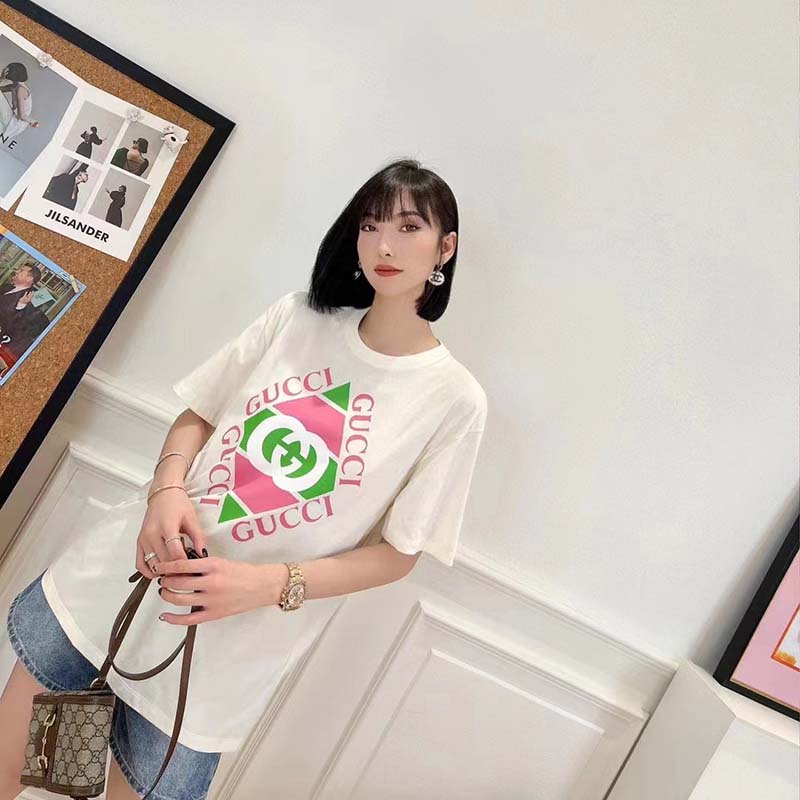 G*u*i gg women vintage logo print t-shirt off white cotton jersey crewneck short sleeves