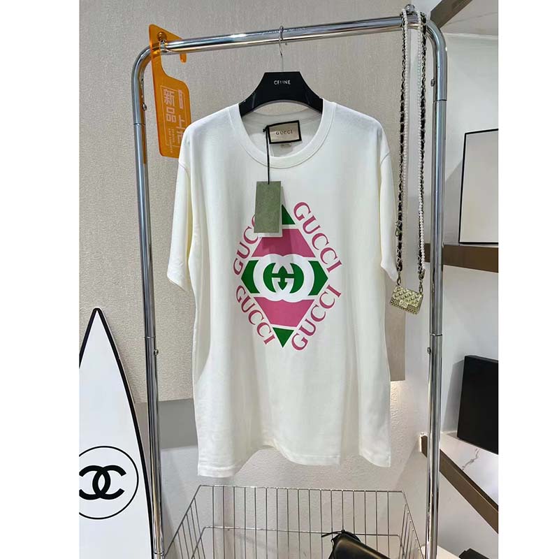 G*u*i gg men vintage logo print t-shirt off white cotton jersey crewneck short sleeves