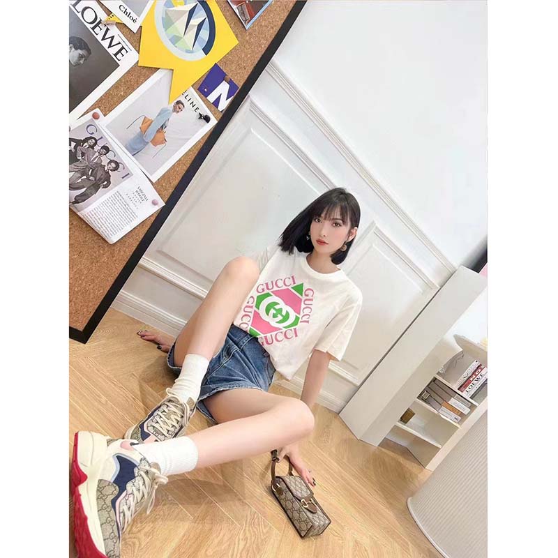 G*u*i gg women vintage logo print t-shirt off white cotton jersey crewneck short sleeves