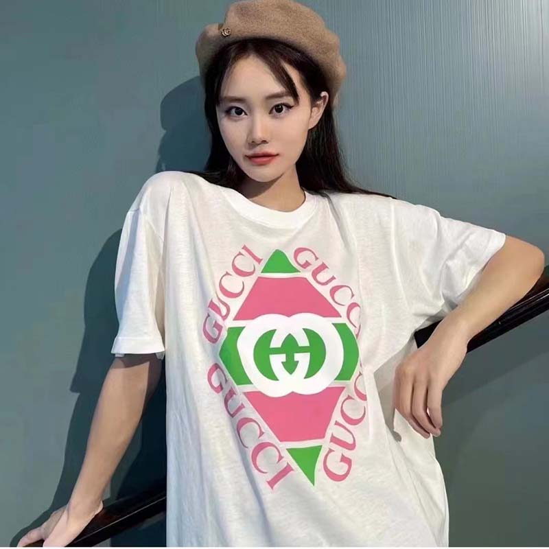 G*u*i gg women vintage logo print t-shirt off white cotton jersey crewneck short sleeves