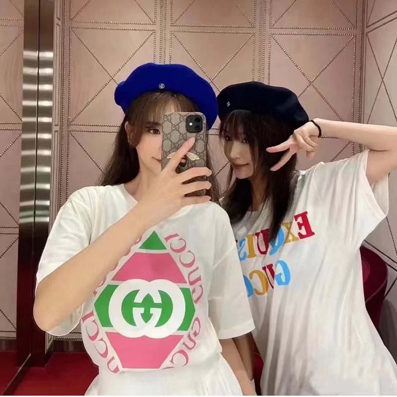 G*u*i gg women vintage logo print t-shirt off white cotton jersey crewneck short sleeves