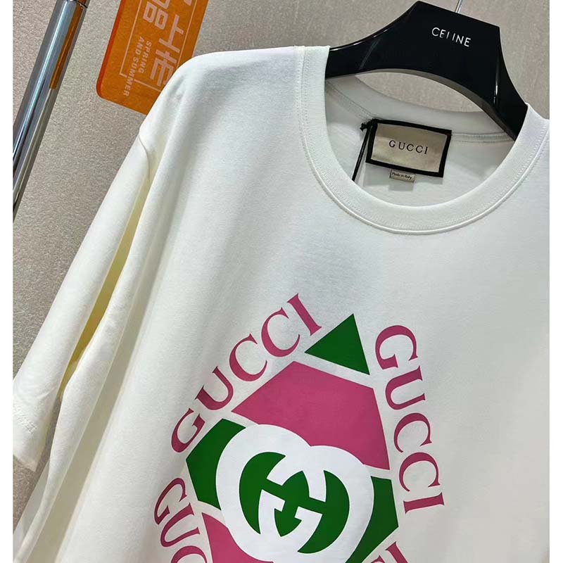 G*u*i gg men vintage logo print t-shirt off white cotton jersey crewneck short sleeves