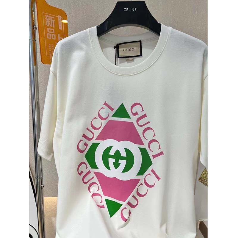 G*u*i gg men vintage logo print t-shirt off white cotton jersey crewneck short sleeves