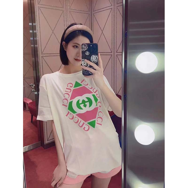 G*u*i gg women vintage logo print t-shirt off white cotton jersey crewneck short sleeves
