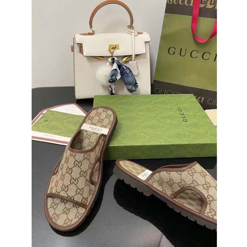 G*u*i unisex gg supreme slide sandal beige ebony canvas rubber flat 1 cm heel