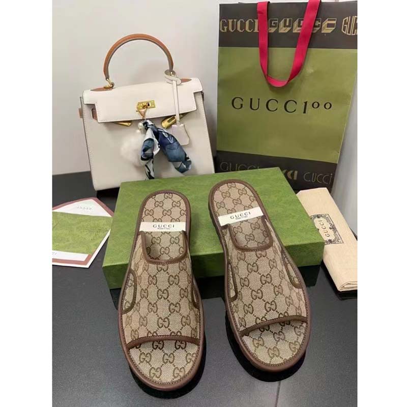 G*u*i unisex gg supreme slide sandal beige ebony canvas rubber flat 1 cm heel