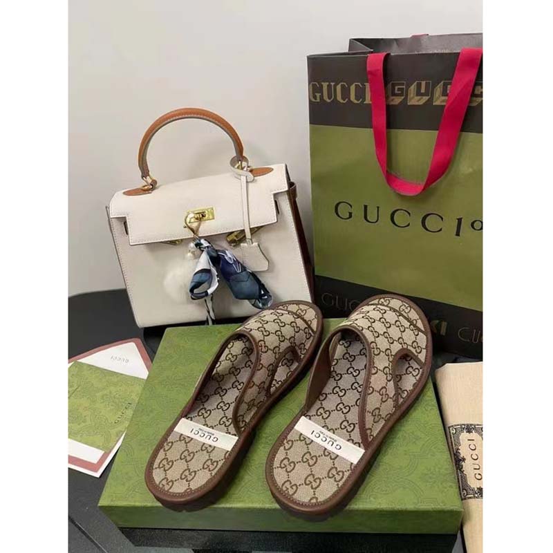 G*u*i unisex gg supreme slide sandal beige ebony canvas rubber flat 1 cm heel