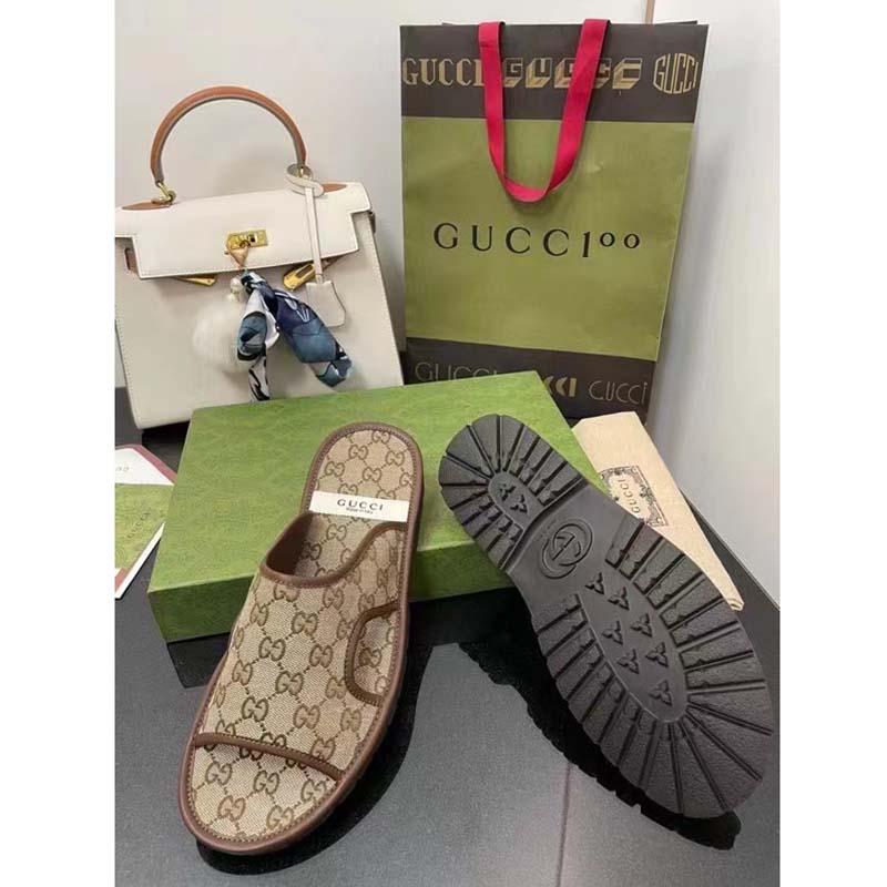 G*u*i unisex gg supreme slide sandal beige ebony canvas rubber flat 1 cm heel