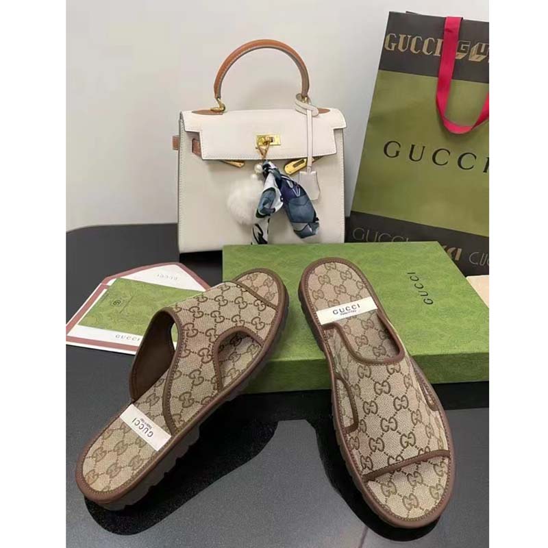 G*u*i unisex gg supreme slide sandal beige ebony canvas rubber flat 1 cm heel