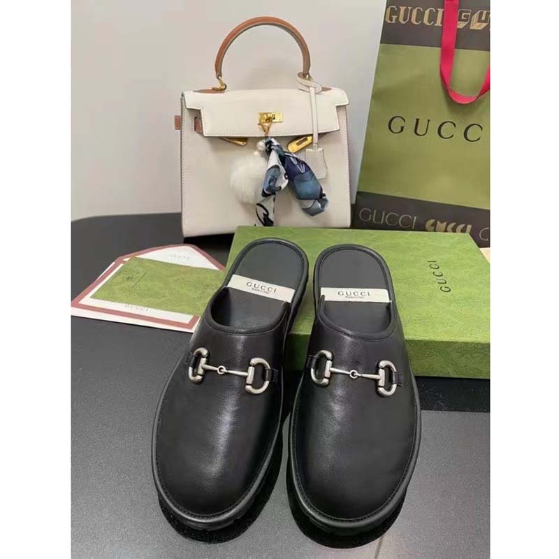 G*u*i unisex horsebit slip-on sandal black leather rubber sole flat