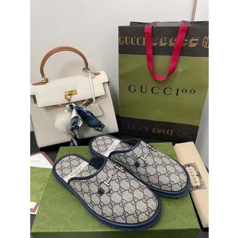 G*u*i unisex slipper blue beige gg supreme canvas rubber sole low 1 cm heel