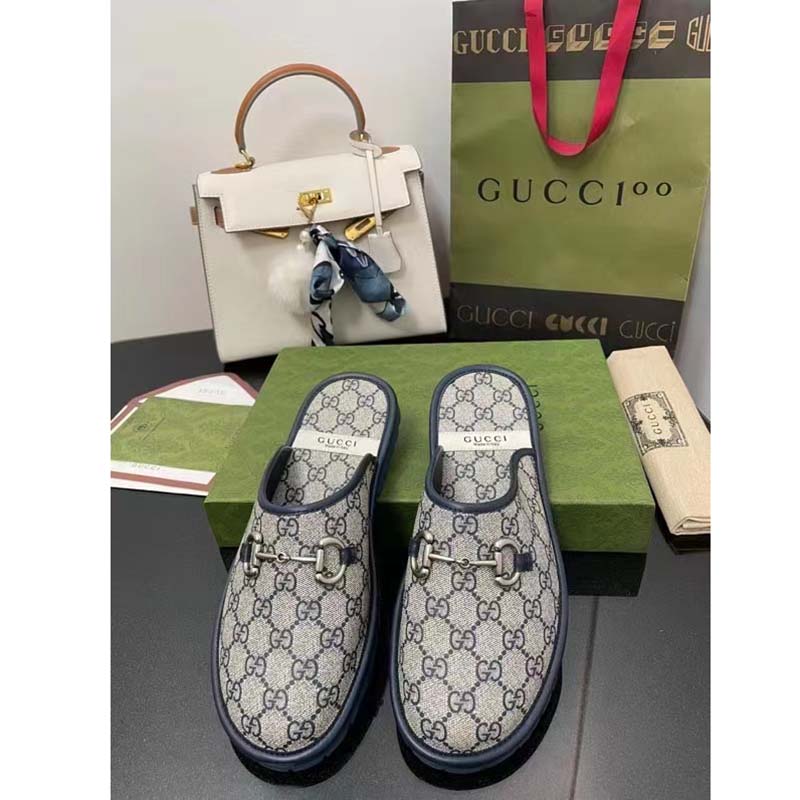 G*u*i unisex slipper blue beige gg supreme canvas rubber sole low 1 cm heel