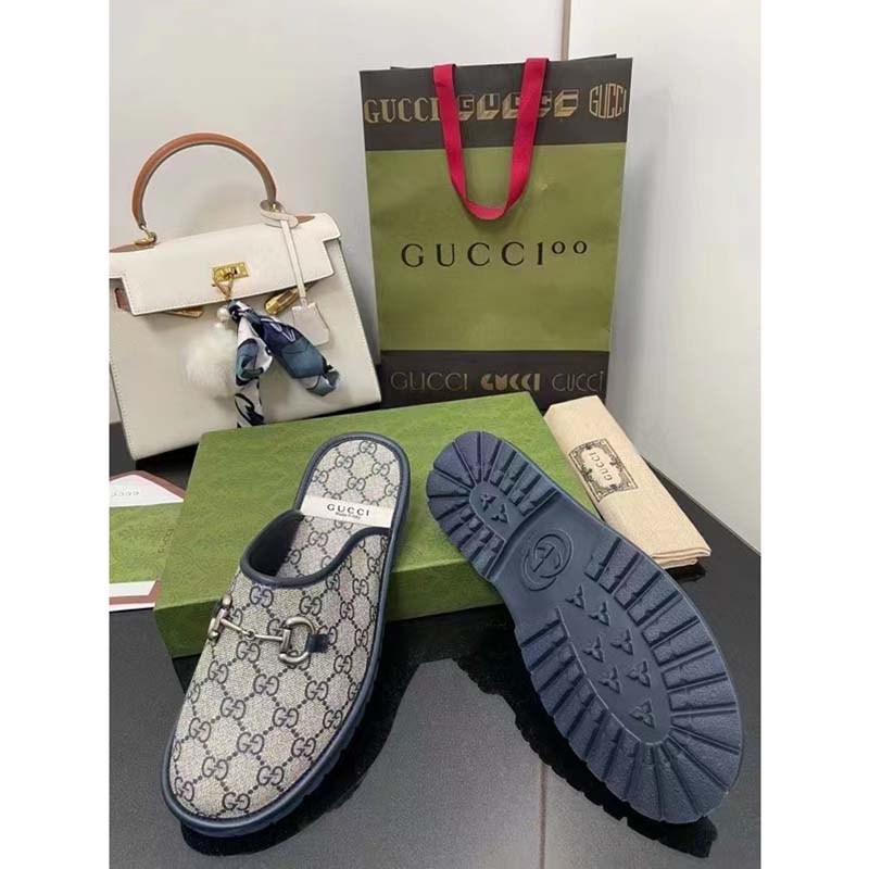 G*u*i unisex slipper blue beige gg supreme canvas rubber sole low 1 cm heel