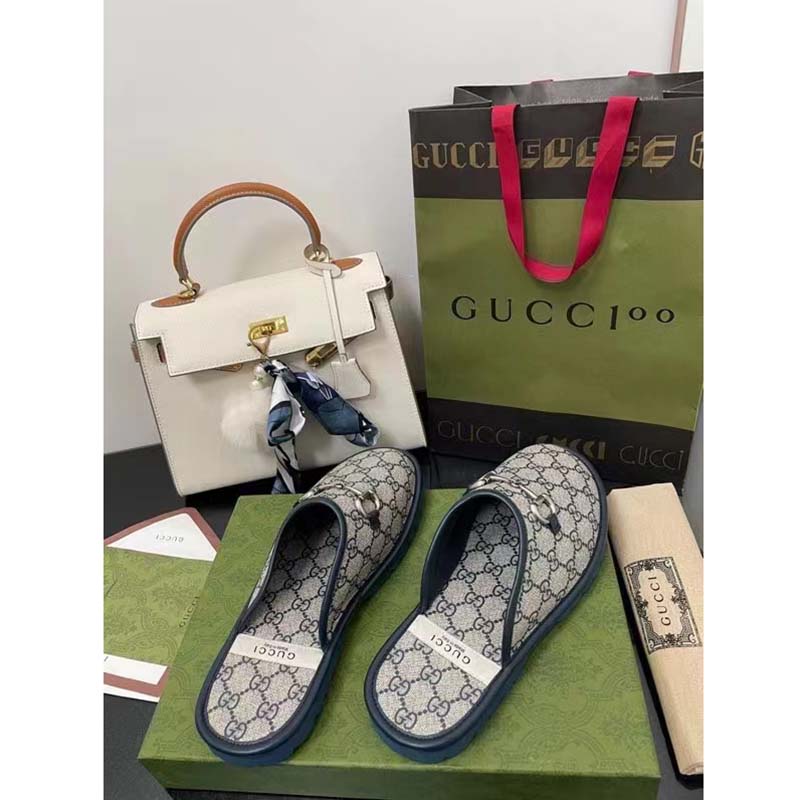 G*u*i unisex slipper blue beige gg supreme canvas rubber sole low 1 cm heel