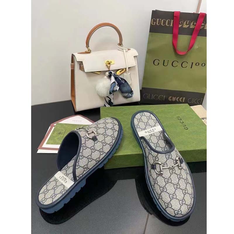 G*u*i unisex slipper blue beige gg supreme canvas rubber sole low 1 cm heel