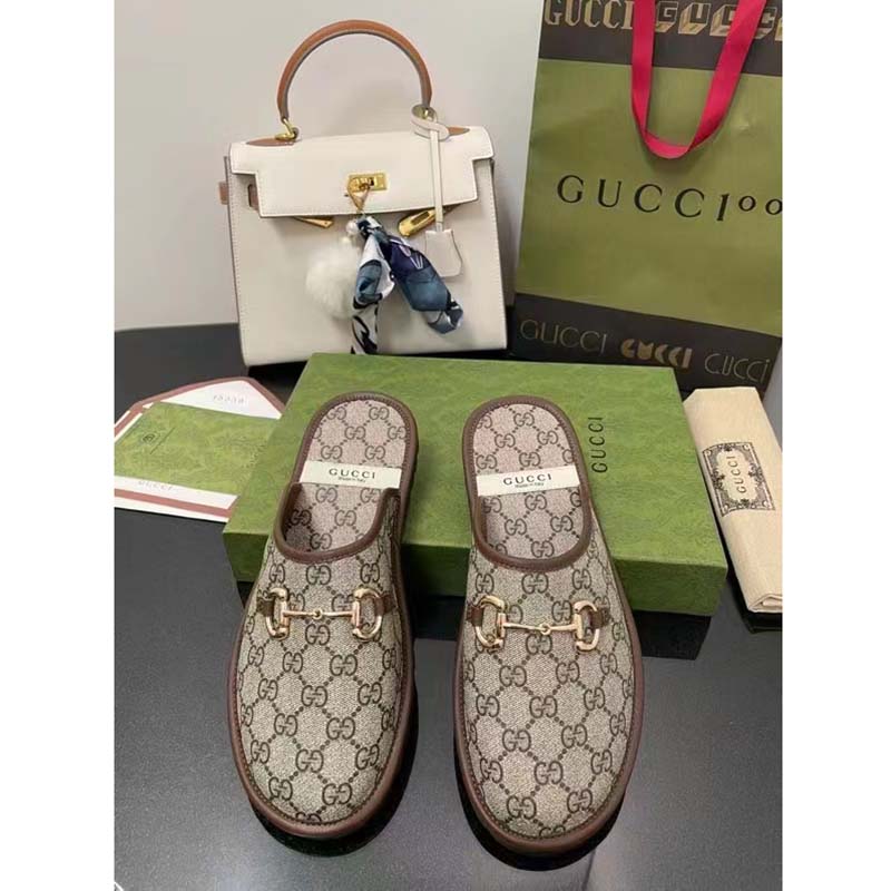 G*u*i unisex slipper horsebit gg supreme canvas rubber sole flat 1 cm heel