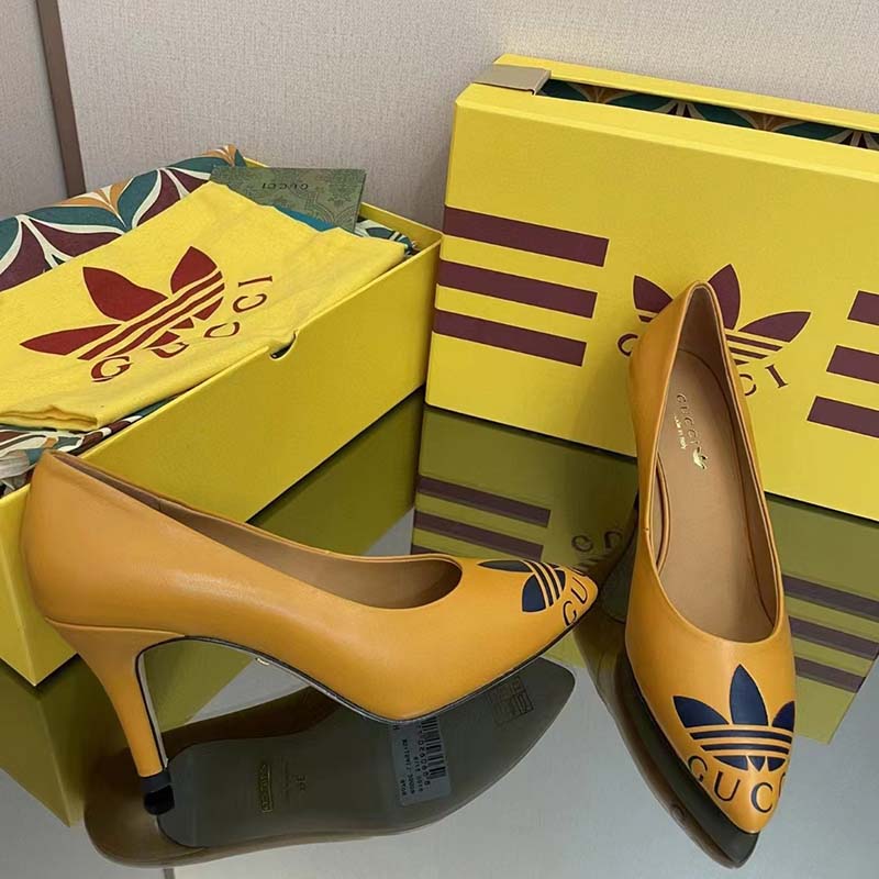 G*u*i women adidas x G*u*i trefoil pump yellow leather blue trefoil print 9 cm heel