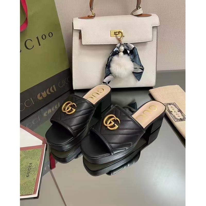 G*u*i women double g slide sandal black chevron matelassé leather mid-heel