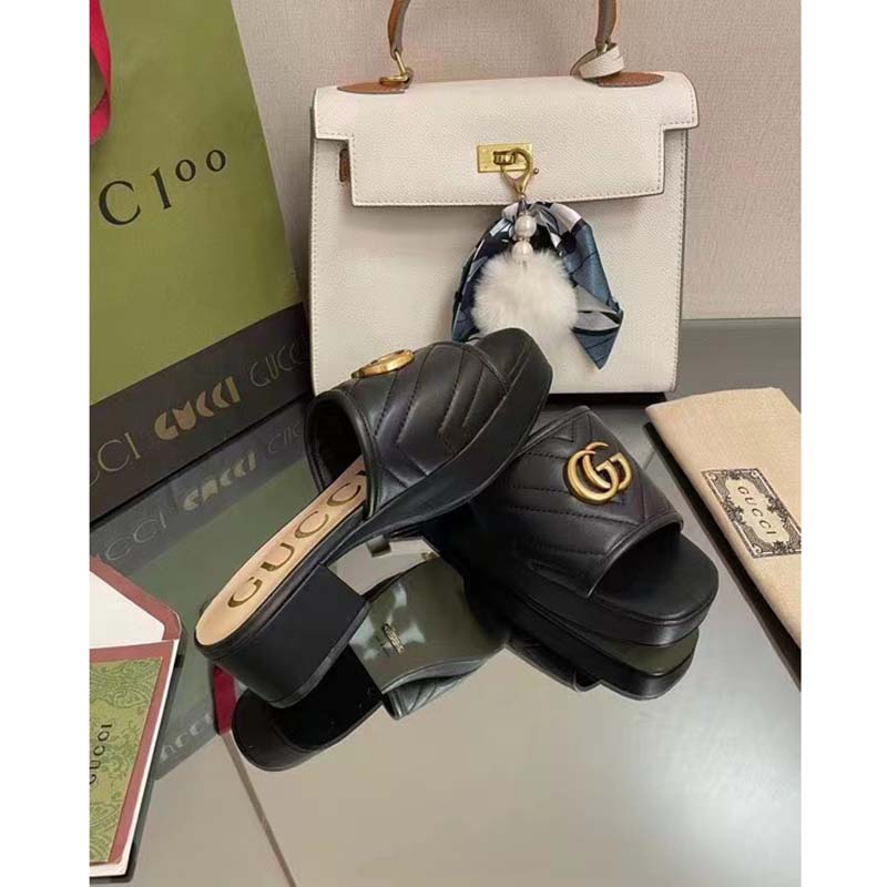 G*u*i women double g slide sandal black chevron matelassé leather mid-heel