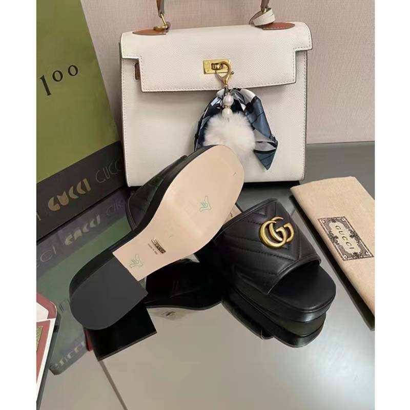 G*u*i women double g slide sandal black chevron matelassé leather mid-heel