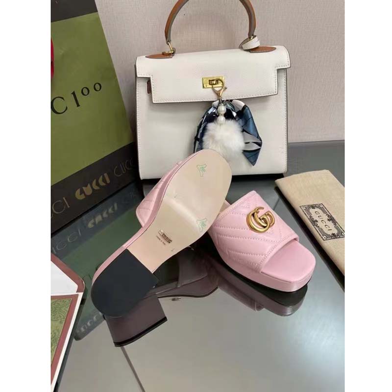G*u*i women double g slide sandal rose pink chevron matelassé leather mid-heel