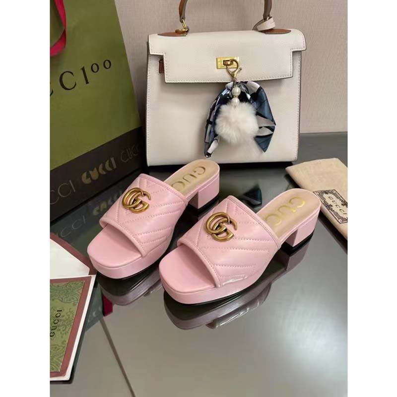 G*u*i women double g slide sandal rose pink chevron matelassé leather mid-heel