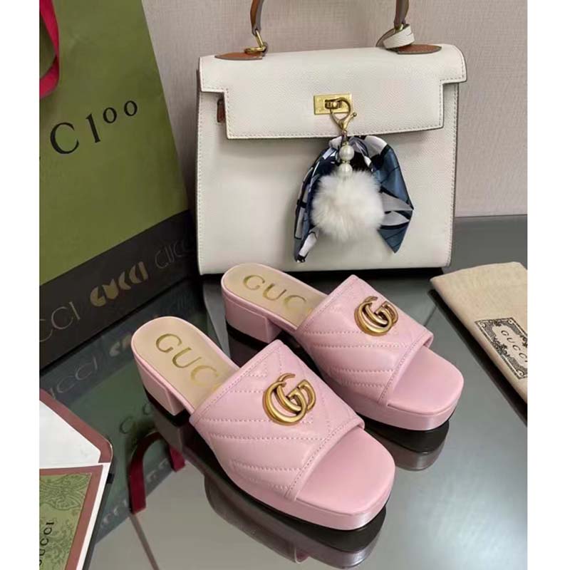 G*u*i women double g slide sandal rose pink chevron matelassé leather mid-heel