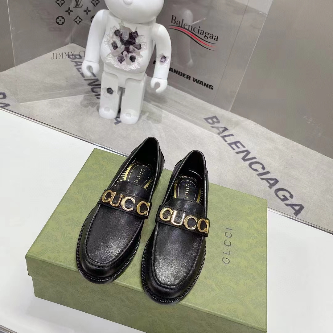G*u*i women gg leather loafer black metal logo metallic sunray print low heel