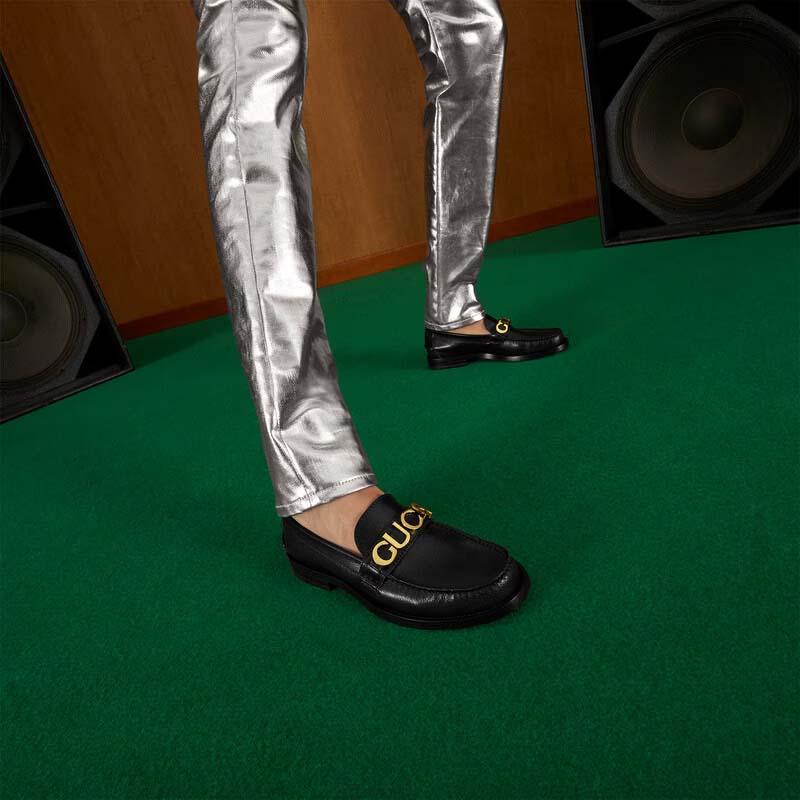G*u*i women gg leather loafer black metal logo metallic sunray print low heel