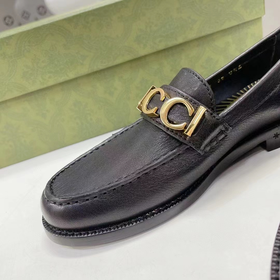 G*u*i women gg leather loafer black metal logo metallic sunray print low heel