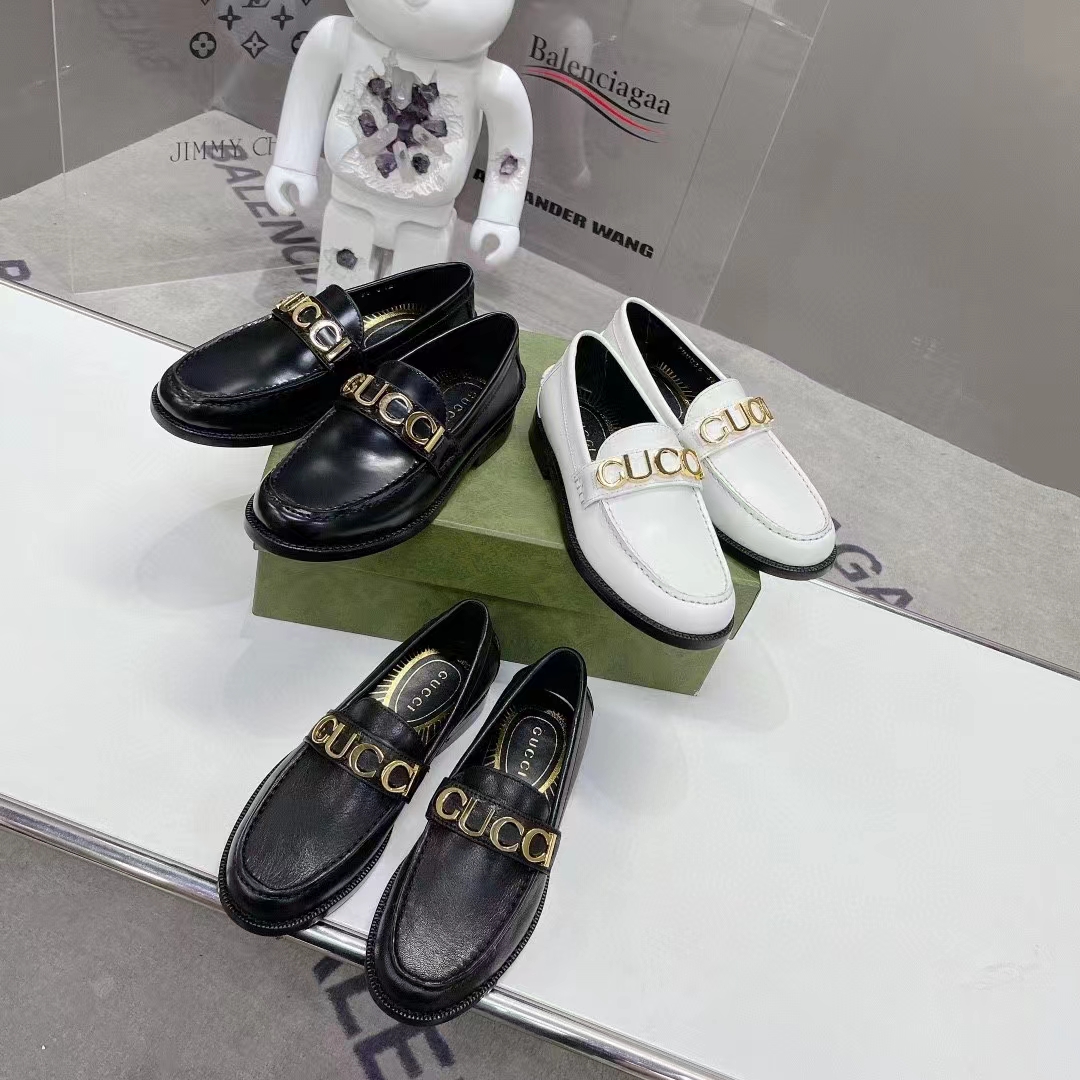 G*u*i women gg leather loafer black metal logo metallic sunray print low heel